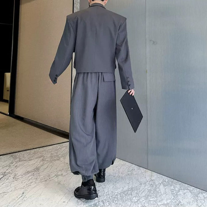 Cropped Flap Pocket Blazer Draped Pleated Cuffed Wide-leg Trousers Two-piece Set