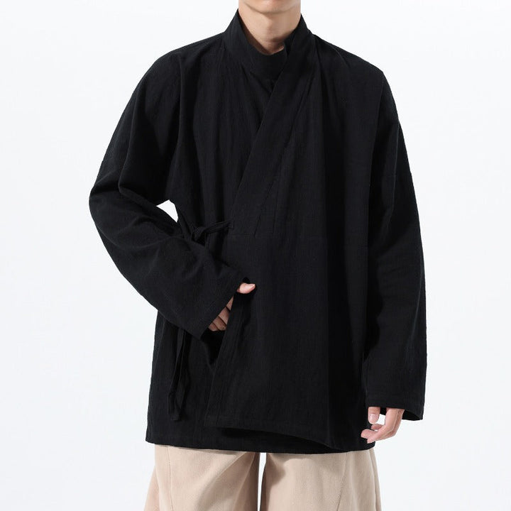Loose Cotton Cross Front Side Tie Shirt Hanfu