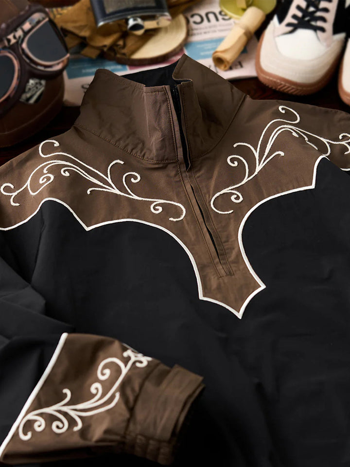 Western-Style Chain Embroidery Half-Zip Pullover Sweatshirt