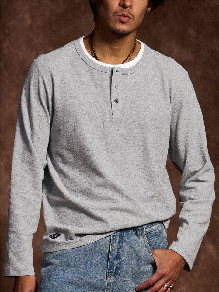 Mini Waffle Henley Long Sleeve Sweatshirt with Faux Layered Design