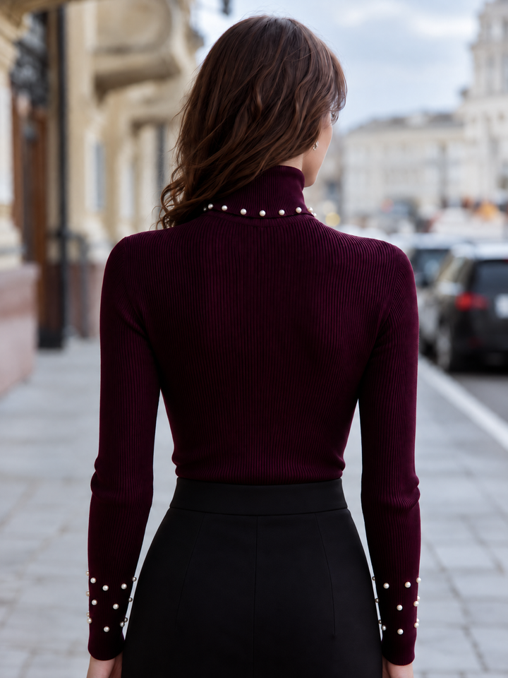 Pearl Embellished Ribbed Turtleneck Sweater