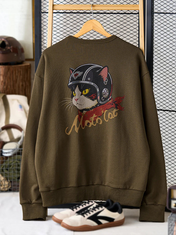"Cat Wearing Helmet" Print &amp; Karaku Logo Embroidery V-Gusset Sweatshirt