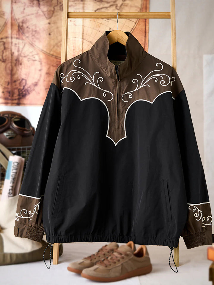 Western-Style Chain Embroidery Half-Zip Pullover Sweatshirt
