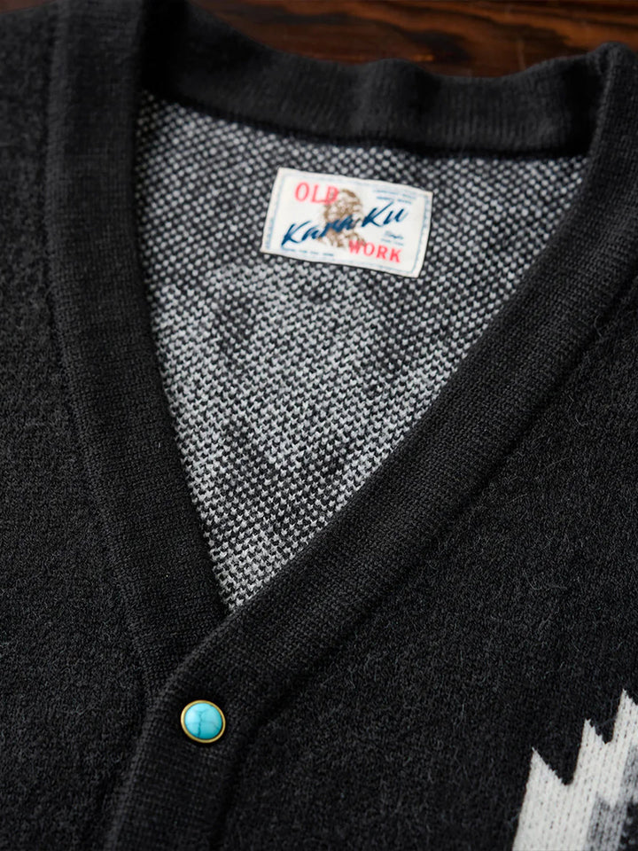 Jacquard Knit V-Neck Cardigan with Navajo &amp; Thunderbird Motifs