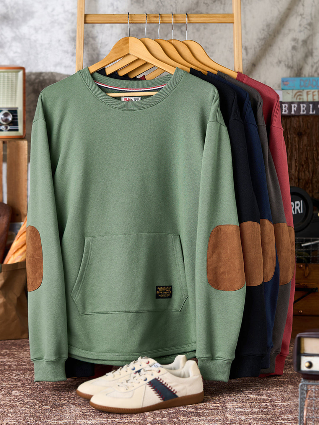 Heavyweight Crewneck Sweatshirt with Suede Elbow Patches and Loop-Back Lining