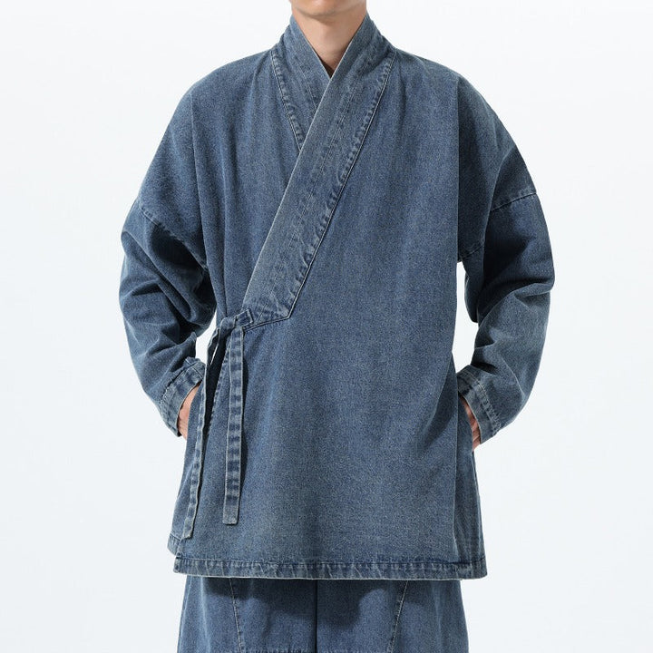 Vintage Washed Denim Cross Front Kimono Coat