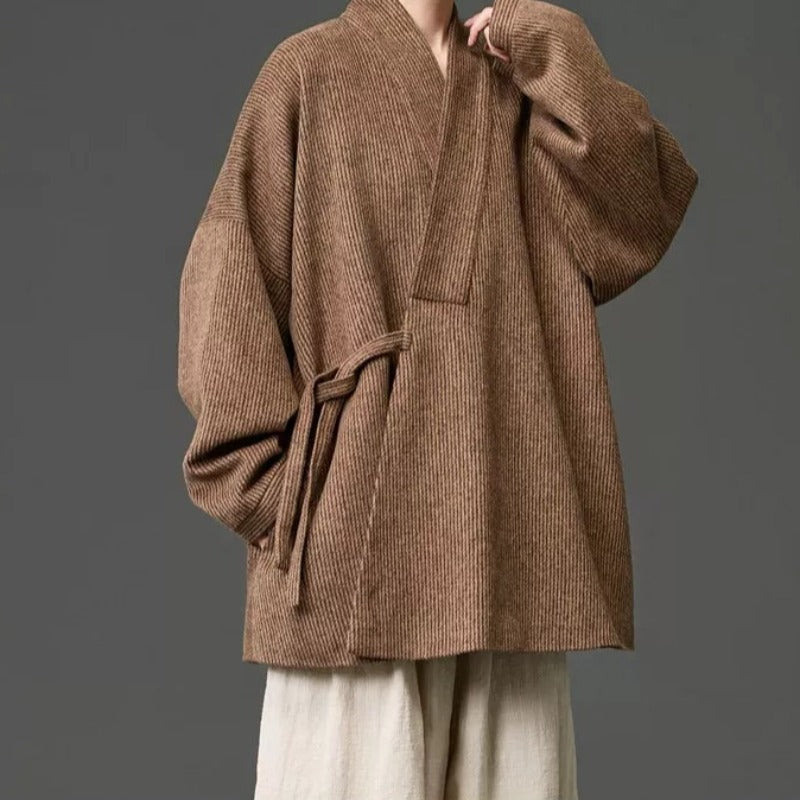 Loose Woolen Cross Front Hanfu Kimono Coat