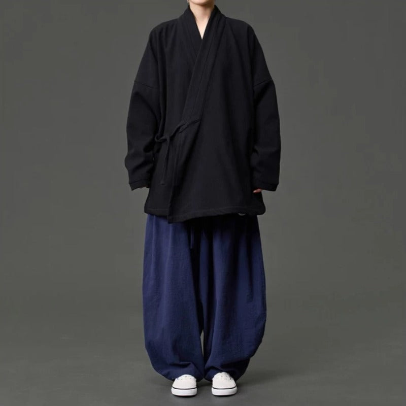 Fleece Lined Diagonal Placket Loose Hanfu Cardigan