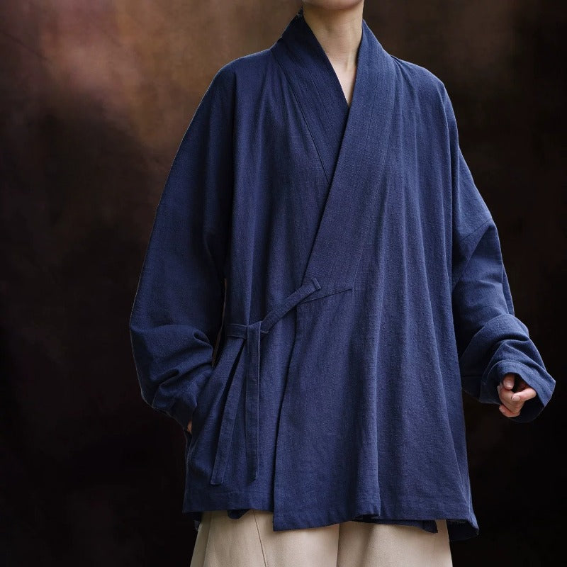 Loose Cotton Cross Front Hanfu Kimono Cardigan