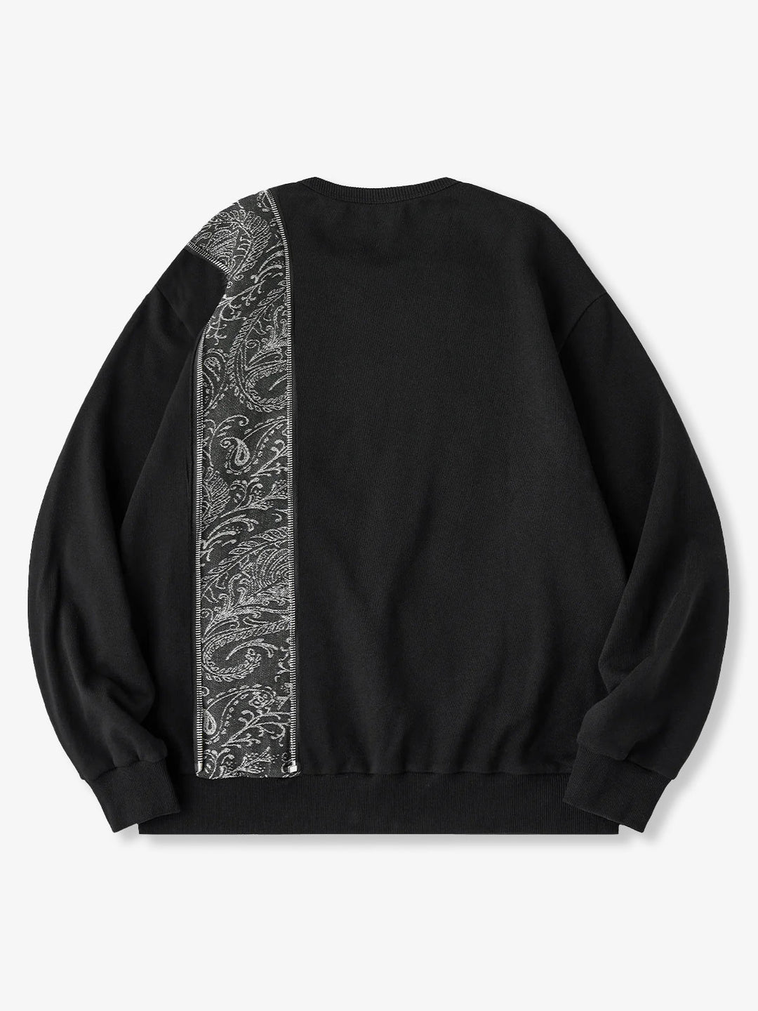 Paisley Pattern Denim Panel &amp; Zip Crewneck Pullover Sweatshirt