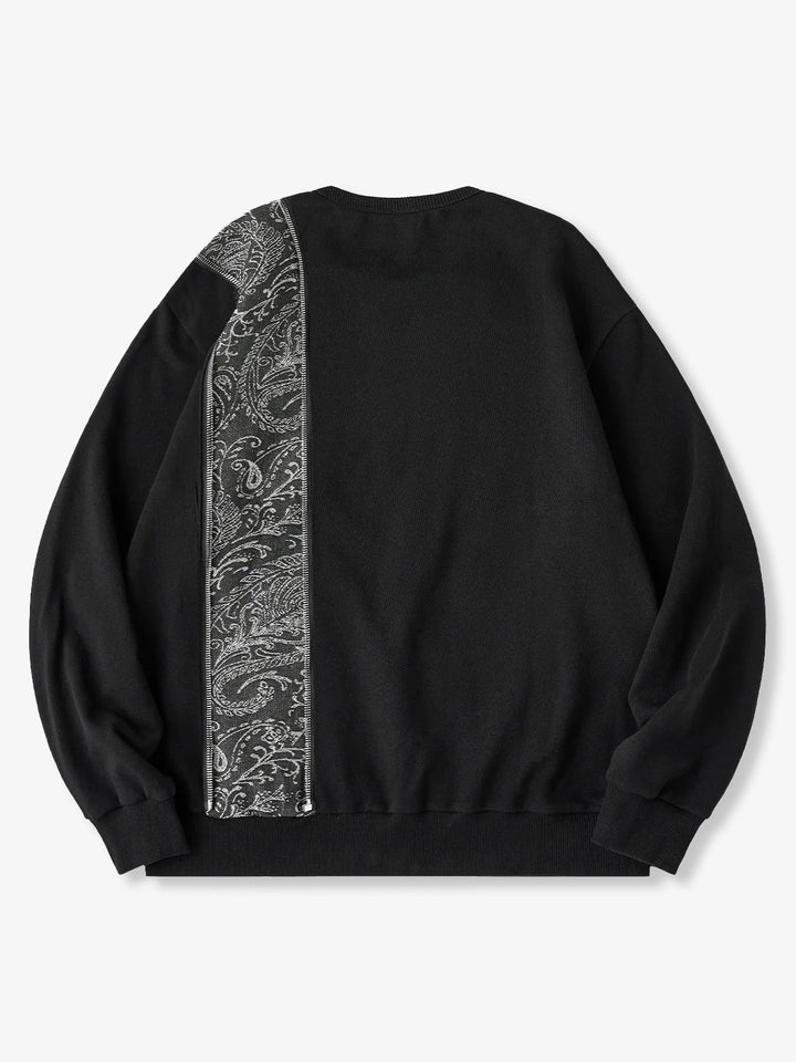 Paisley Pattern Denim Panel &amp; Zip Crewneck Pullover Sweatshirt