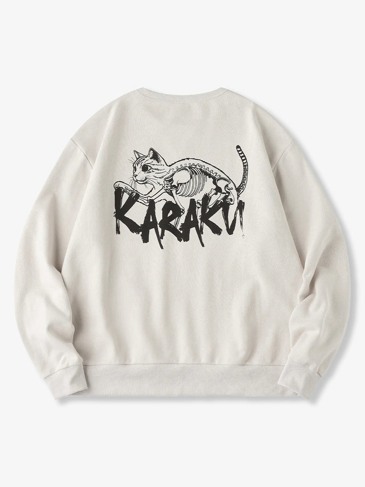 "Skeleton-Visible Cat" Print Back-Pile Cotton V-Gusset Sweatshirt