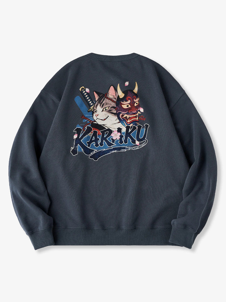 “KaraKu” Embroidery &amp; “Hannya Mask / Samurai Cat” Print Loopback V-Gusset Sweatshirt