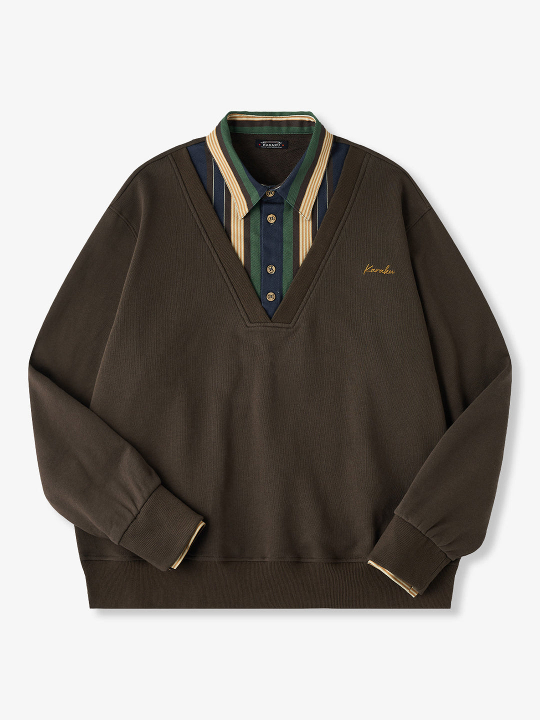 Faux-Layered V-Neck Sweatshirt with Multi-Stripe Shirt Detail
