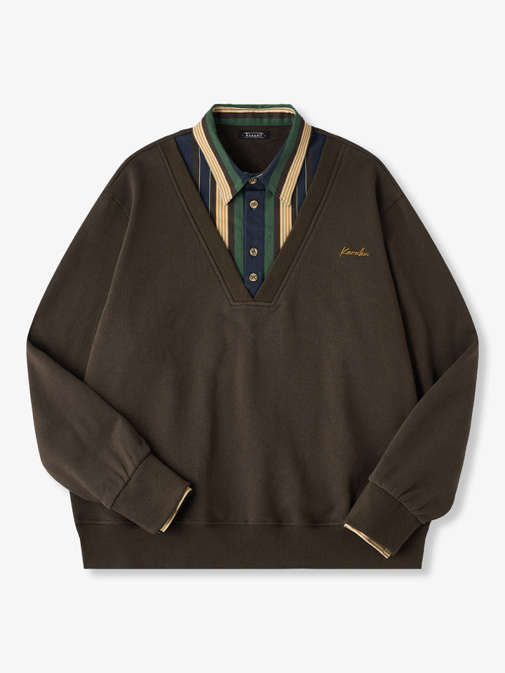 Faux-Layered V-Neck Sweatshirt with Multi-Stripe Shirt Detail