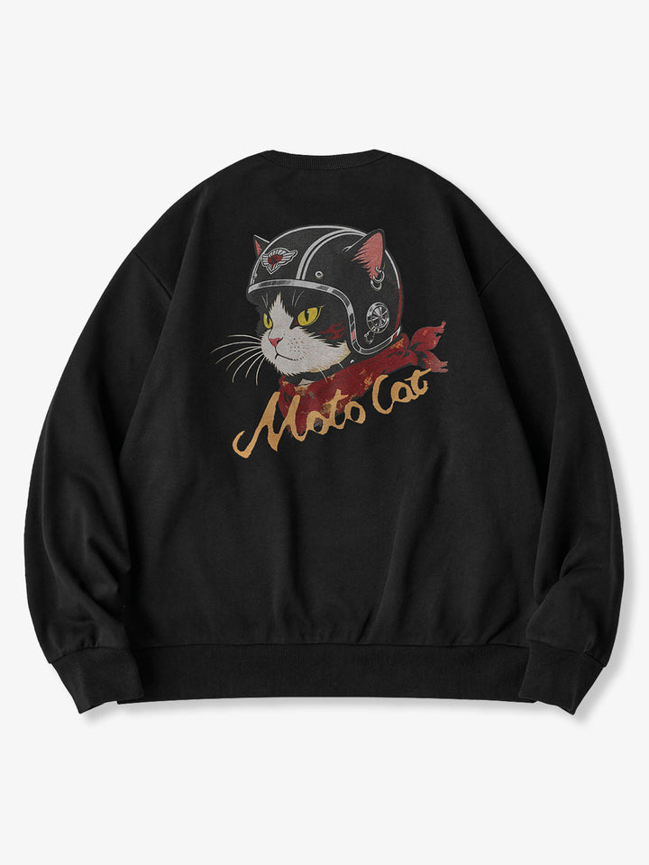 "Cat Wearing Helmet" Print &amp; Karaku Logo Embroidery V-Gusset Sweatshirt