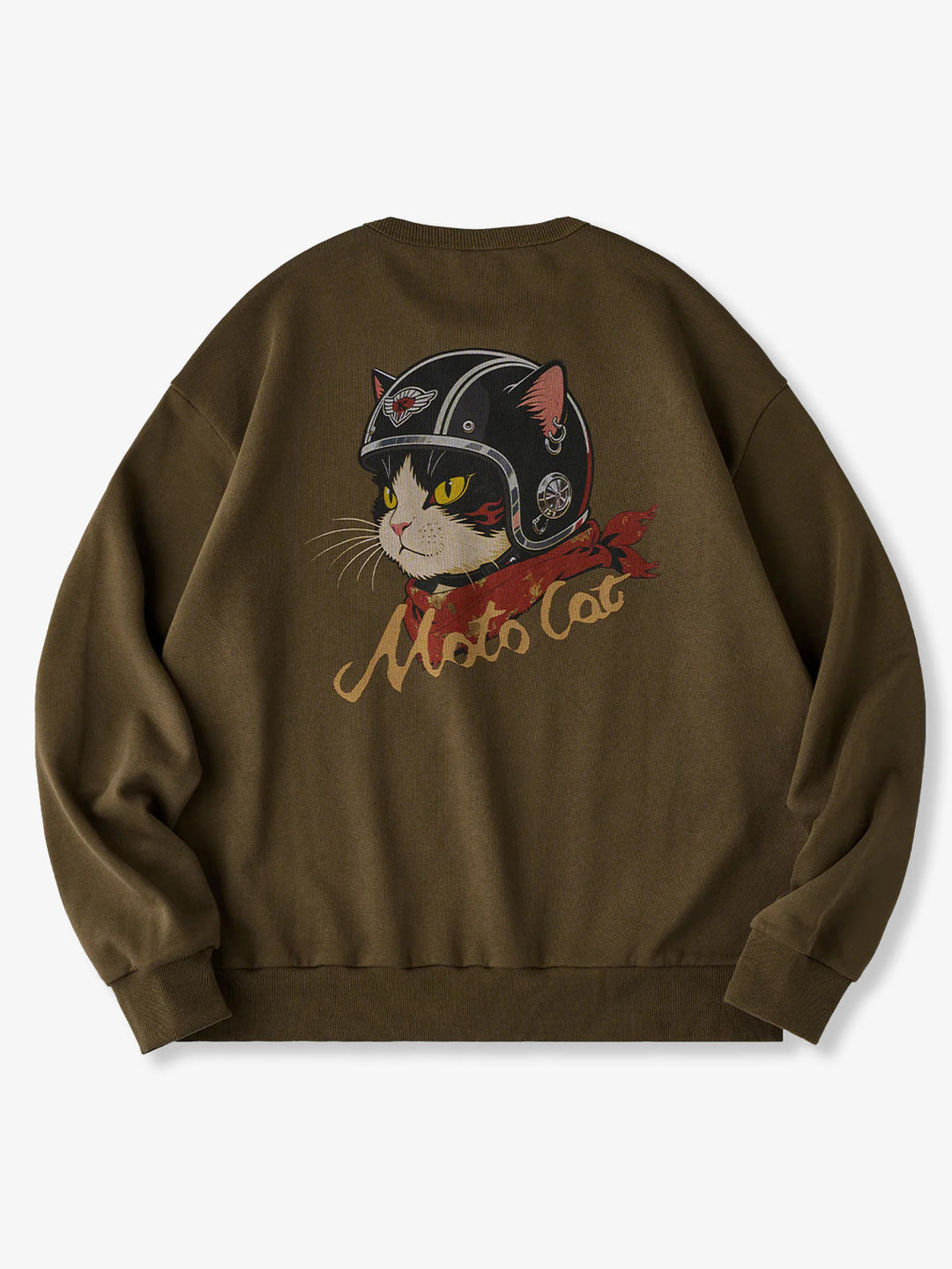 "Cat Wearing Helmet" Print &amp; Karaku Logo Embroidery V-Gusset Sweatshirt