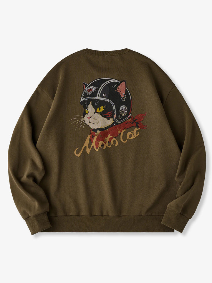 "Cat Wearing Helmet" Print &amp; Karaku Logo Embroidery V-Gusset Sweatshirt