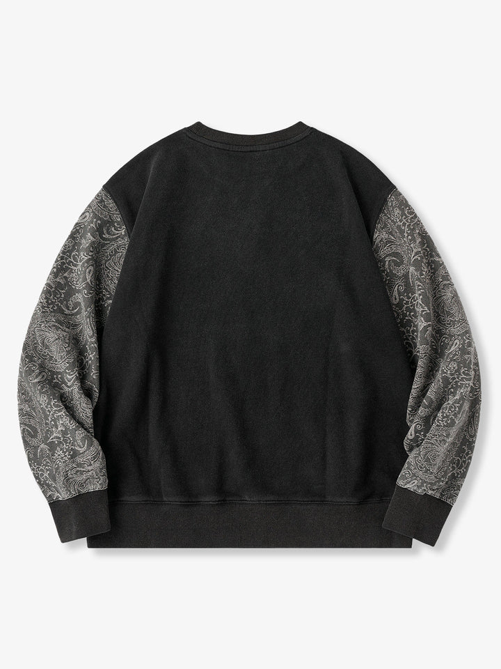 Washed Sweatshirt with Paisley Denim Sleeves &amp; V-Gusset Detail
