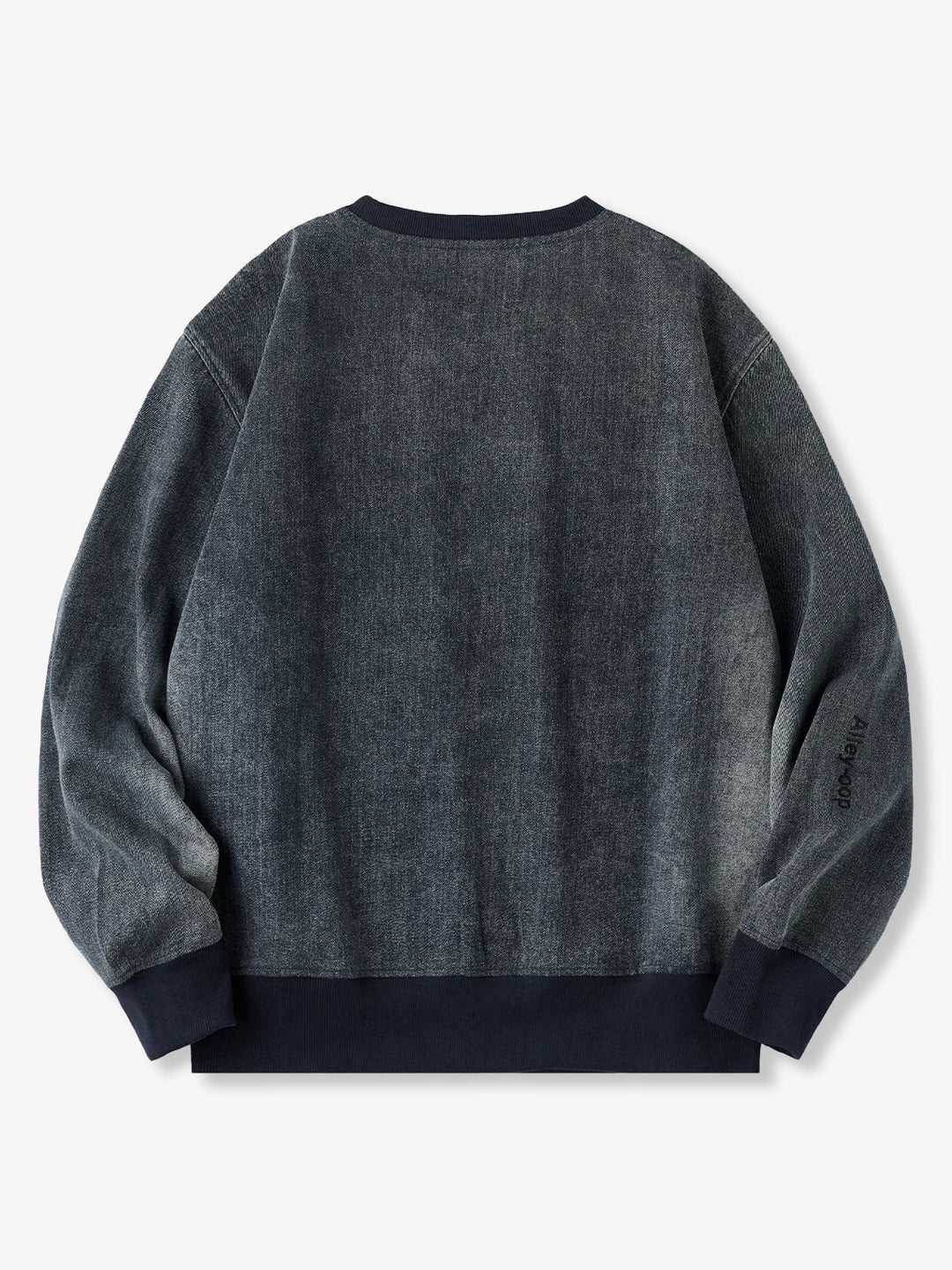 “Alley-oop” Sleeve Embroidery V-Gusset Stone-Washed Denim Sweatshirt