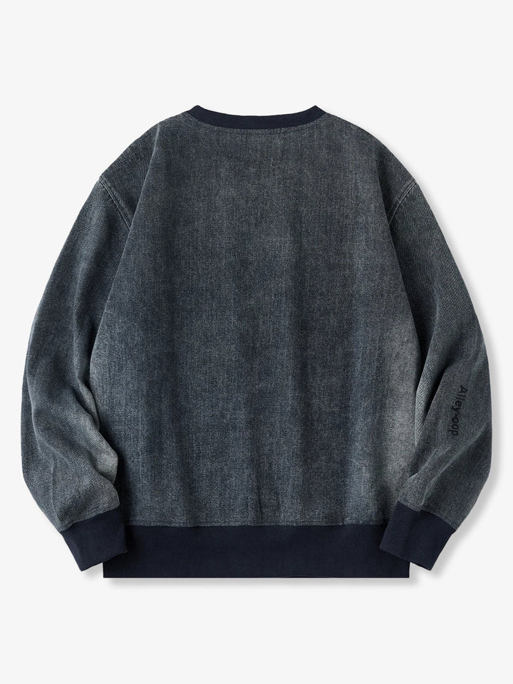 “Alley-oop” Sleeve Embroidery V-Gusset Stone-Washed Denim Sweatshirt