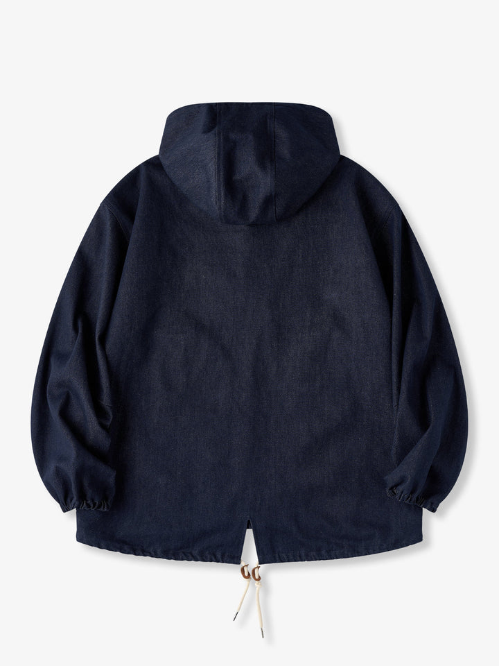 Washed Denim Hoodie with Half-Button and Side Slits