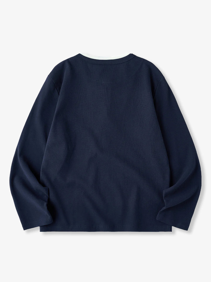 Mini Waffle Henley Long Sleeve Sweatshirt with Faux Layered Design