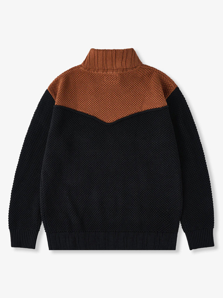 Colorblock Turtleneck Pineapple Knit Sweater with Leather Tag