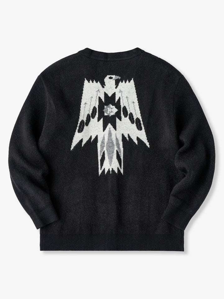 Jacquard Knit V-Neck Cardigan with Navajo &amp; Thunderbird Motifs