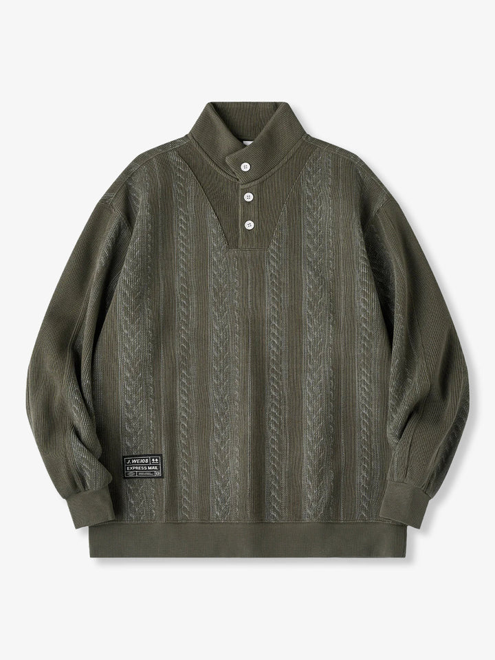 3-Button High-Neck Jacquard Knit Sweatshirt