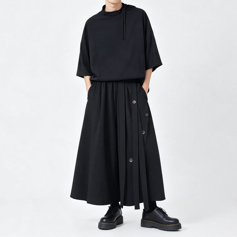 Japanese Loose Half Sleeve T-shirt High-waist Patchwork Wide-leg Skirt-pants Two-piece Set
