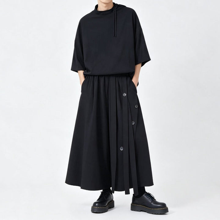 Japanese Loose Half Sleeve T-shirt High-waist Patchwork Wide-leg Skirt-pants Two-piece Set