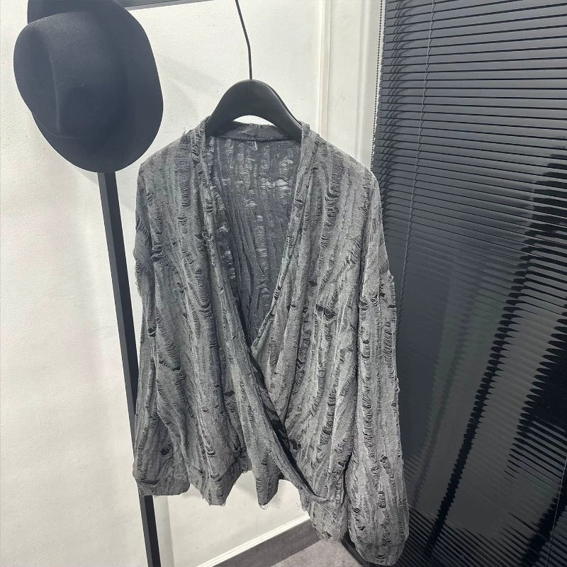 Irregular Cut-out V-neck Long-sleeve Top