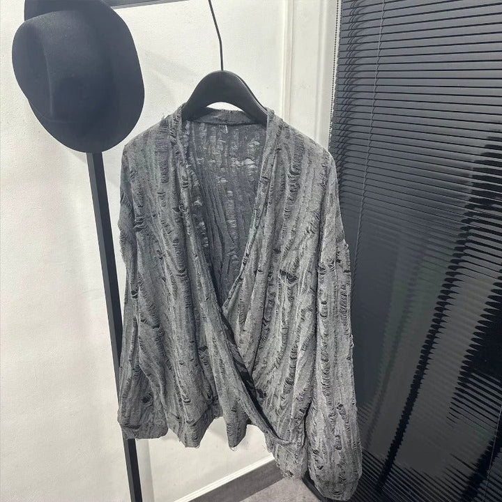 Irregular Cut-out V-neck Long-sleeve Top