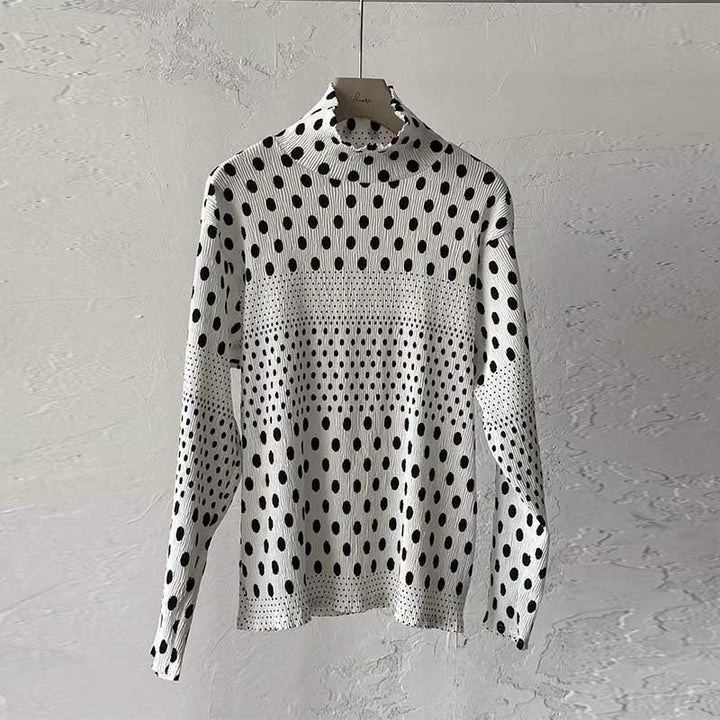 Ink-wash Polka Dot Turtleneck Pleated Base Layer Top