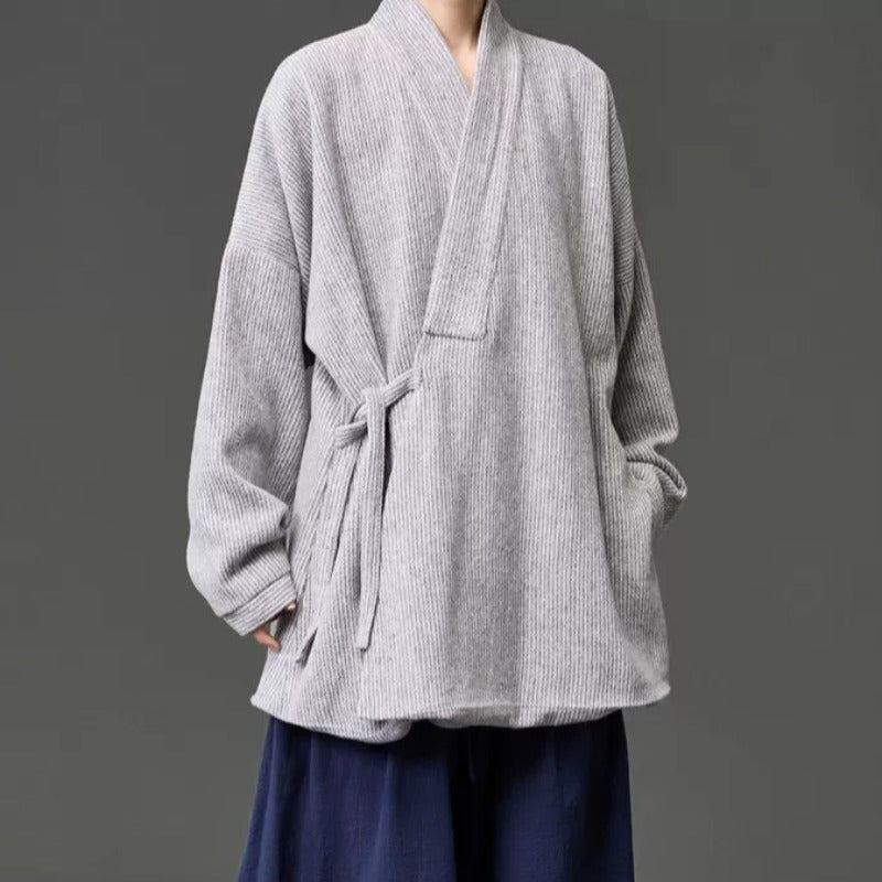 Loose Woolen Cross Front Hanfu Kimono Coat