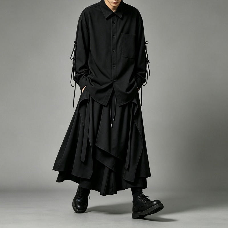 Japanese Loose Asymmetrical multi-layered Shirt and Skirt-Pants Two-piece Set