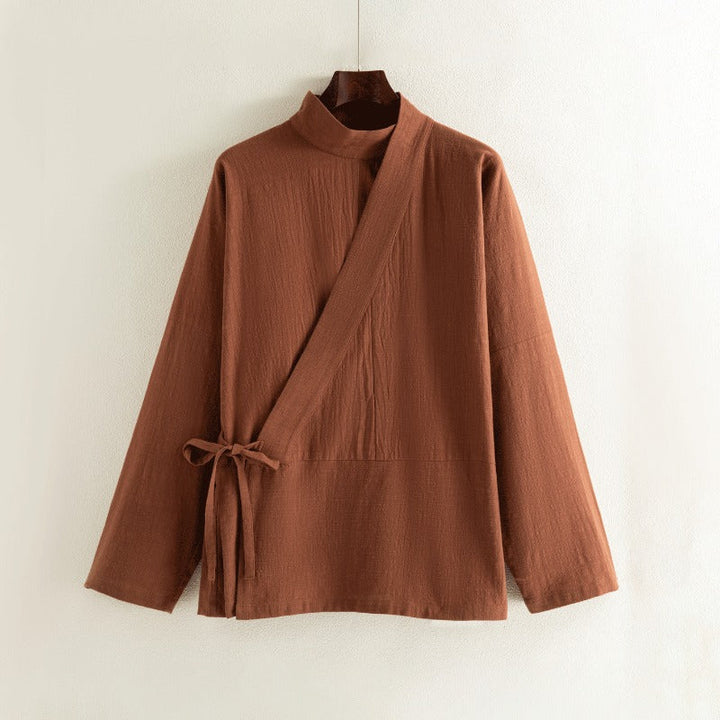 Cotton Textured Cross Collar Wrap Side Tie Loose Cardigan