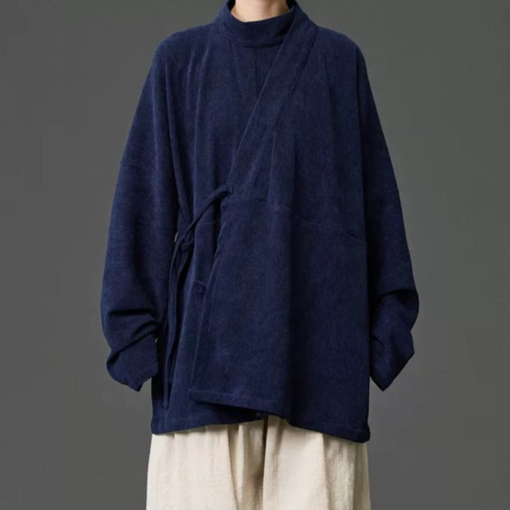 Corduroy Curved Collar Diagonal Placket Loose Hanfu Cardigan