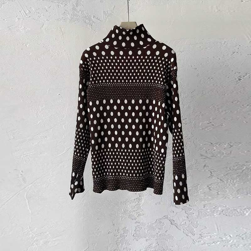 Ink-wash Polka Dot Turtleneck Pleated Base Layer Top