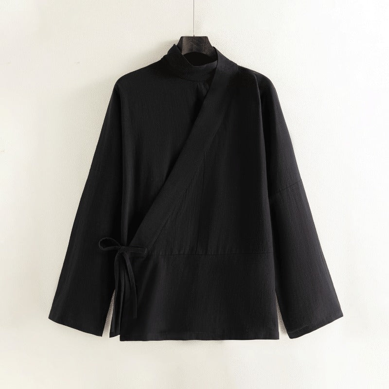 Cotton Textured Cross Collar Wrap Side Tie Loose Cardigan