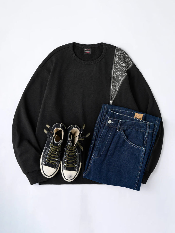 Paisley Pattern Denim Panel &amp; Zip Crewneck Pullover Sweatshirt