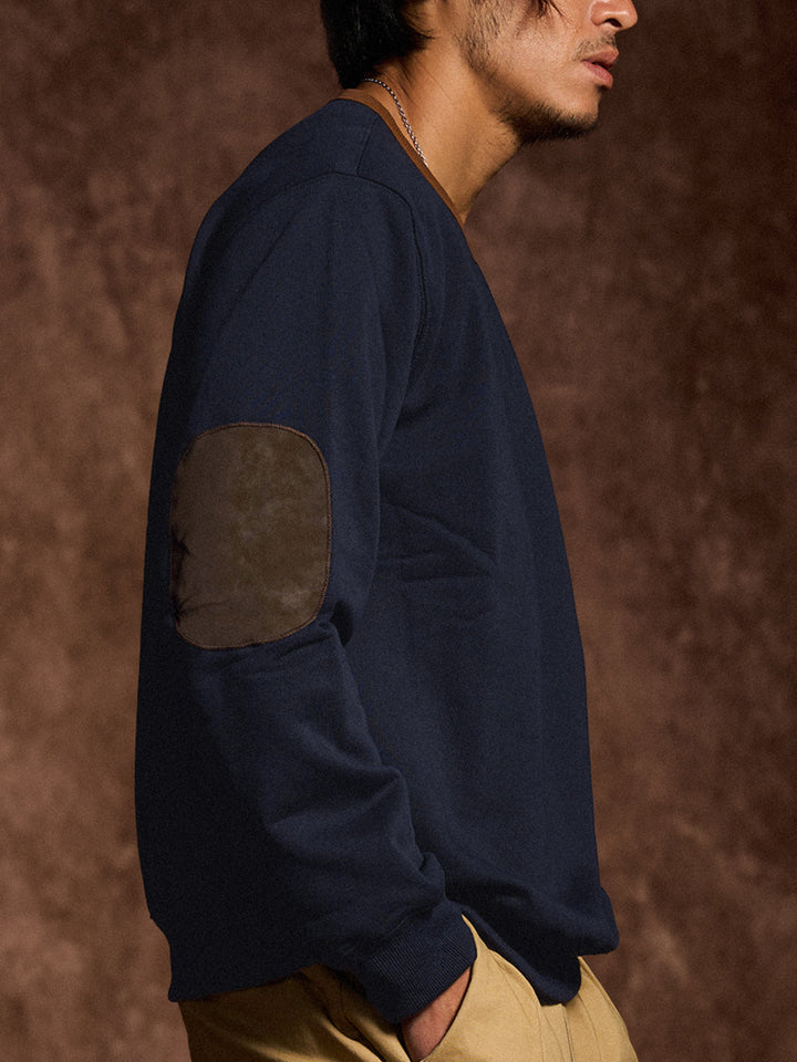 "KaraKu" Embroidery  Elbow Suede Patches Brushed Cotton Sweatshirt