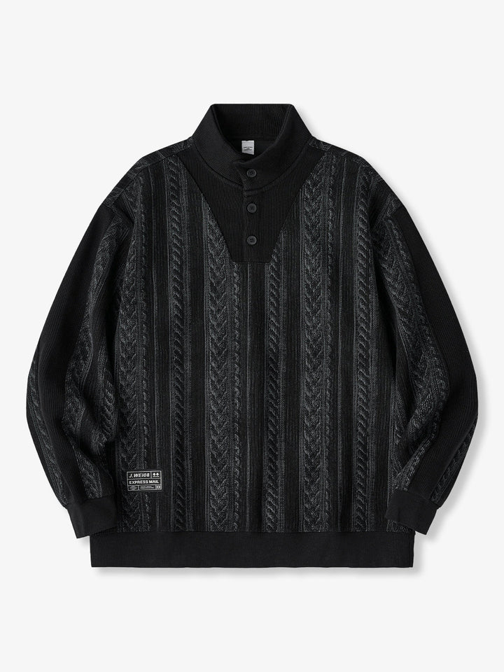 3-Button High-Neck Jacquard Knit Sweatshirt