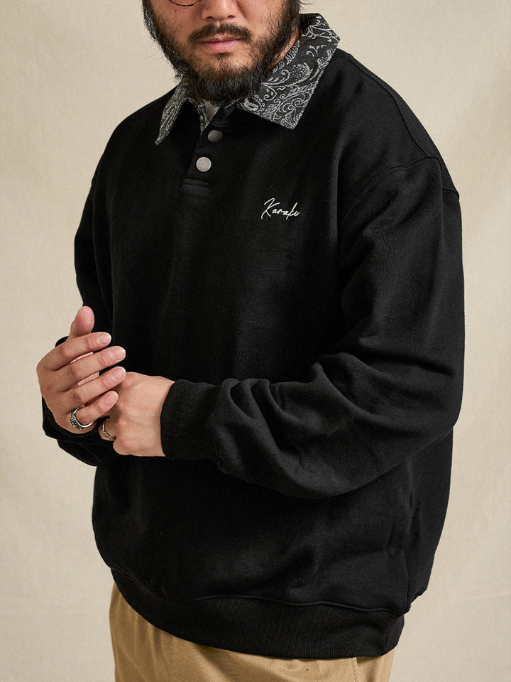 Karaku Embroidered Polo Sweatshirt with Jacquard Paisley Collar &amp; Placket