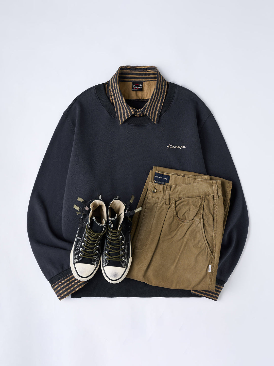Faux-Layered Stripe Shirt &amp; Embroidered Crewneck Sweatshirt