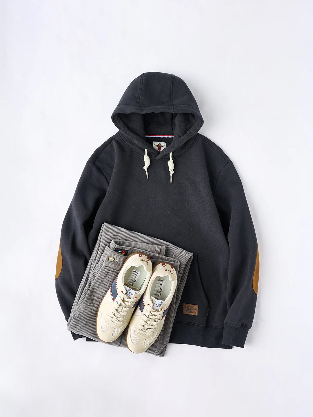 Pullover hoodie with brushed lining and contrast elbow patches