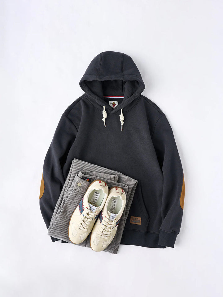 Pullover hoodie with brushed lining and contrast elbow patches