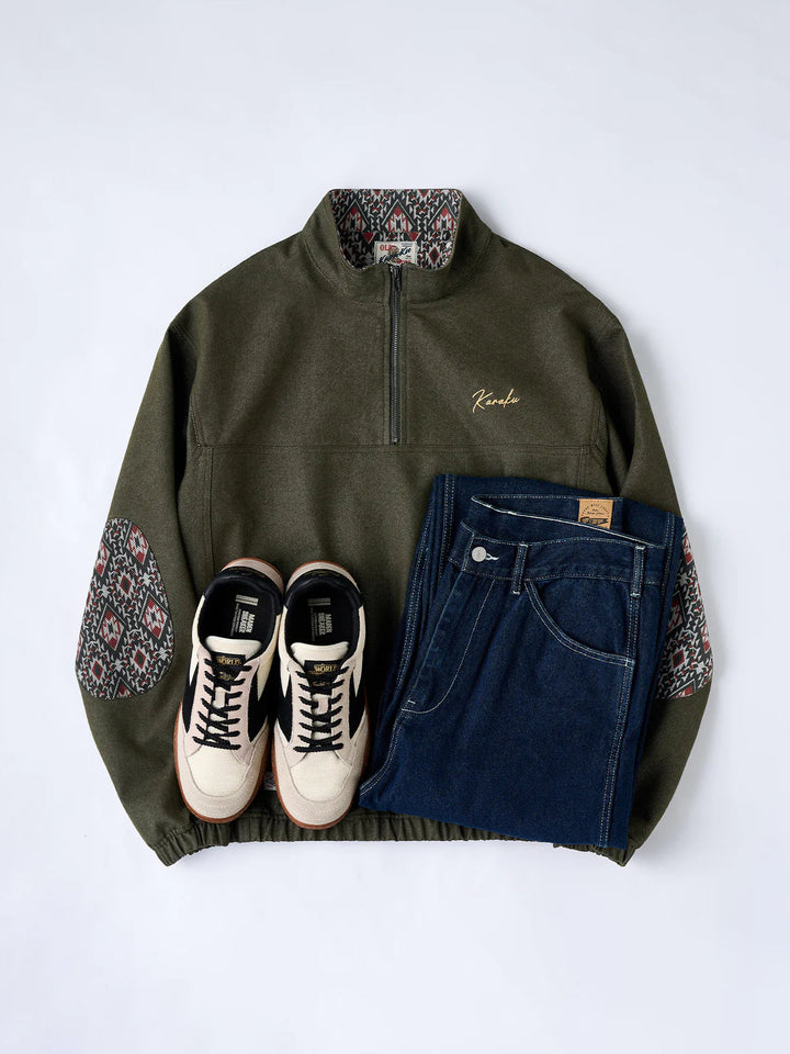 “KaraKu” Logo Embroidered Half-Zip Denim Sweatshirt with Navajo-Style Lining &amp; Elbow Patches