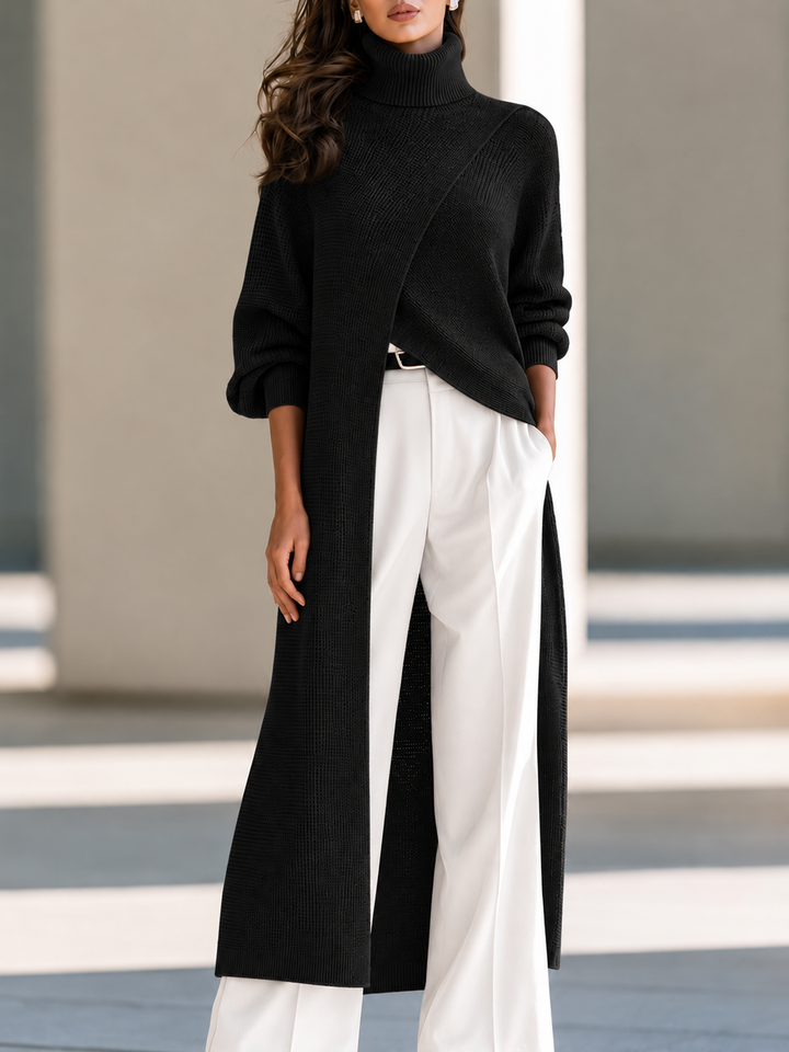 Asymmetrical Layered High-Neck Long Knit Top